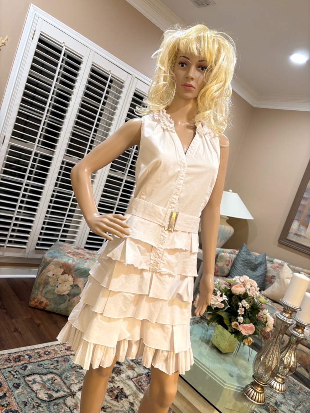new directions Ivory Ruffle Tiered Midi Dress with Belt